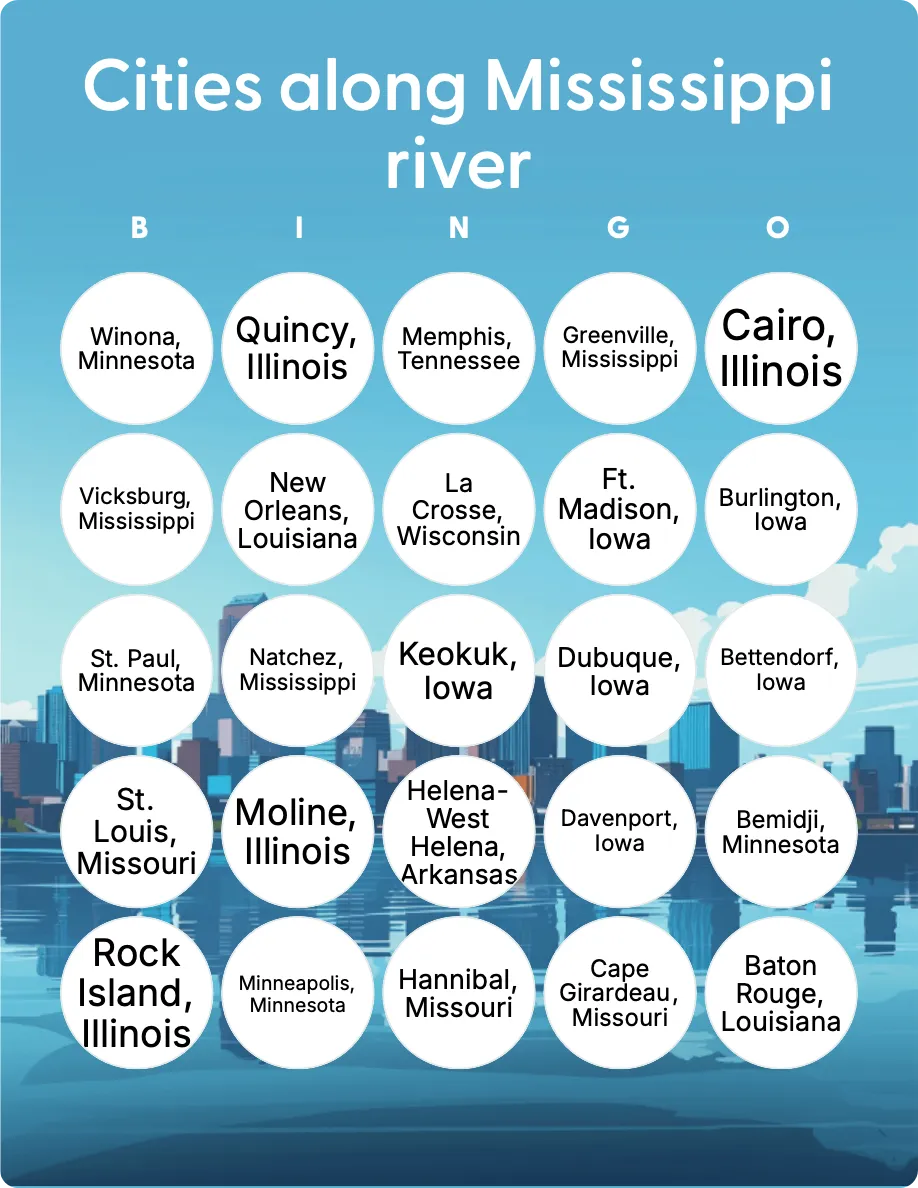 Cities along Mississippi river bingo card template