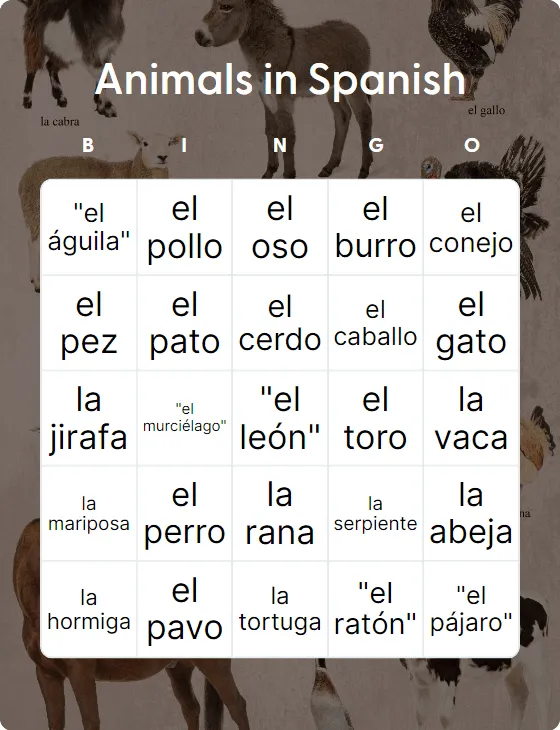 Animals in Spanish bingo