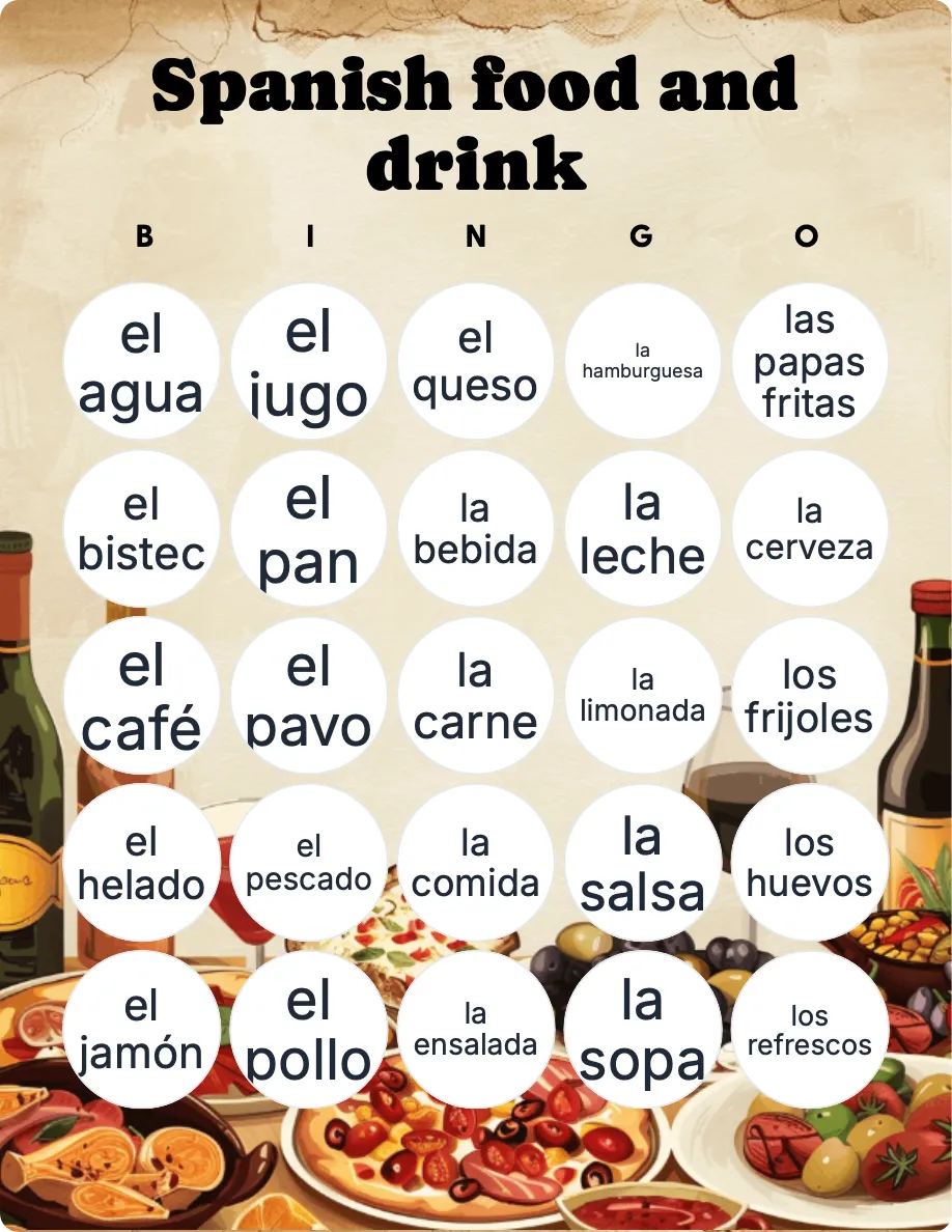 Spanish food and drink bingo card template