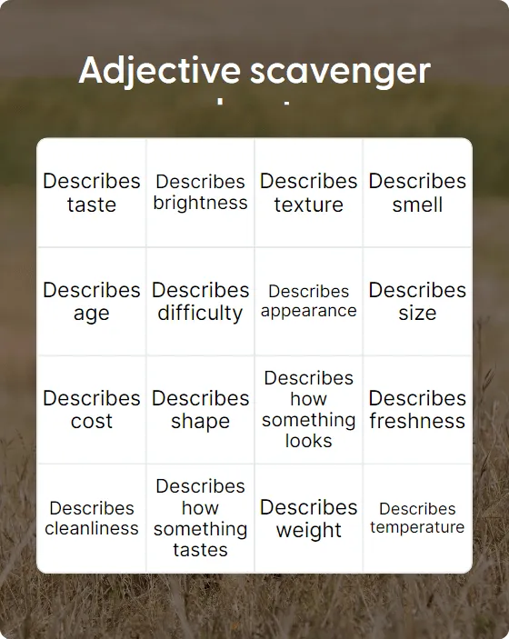 Adjective scavenger hunt bingo