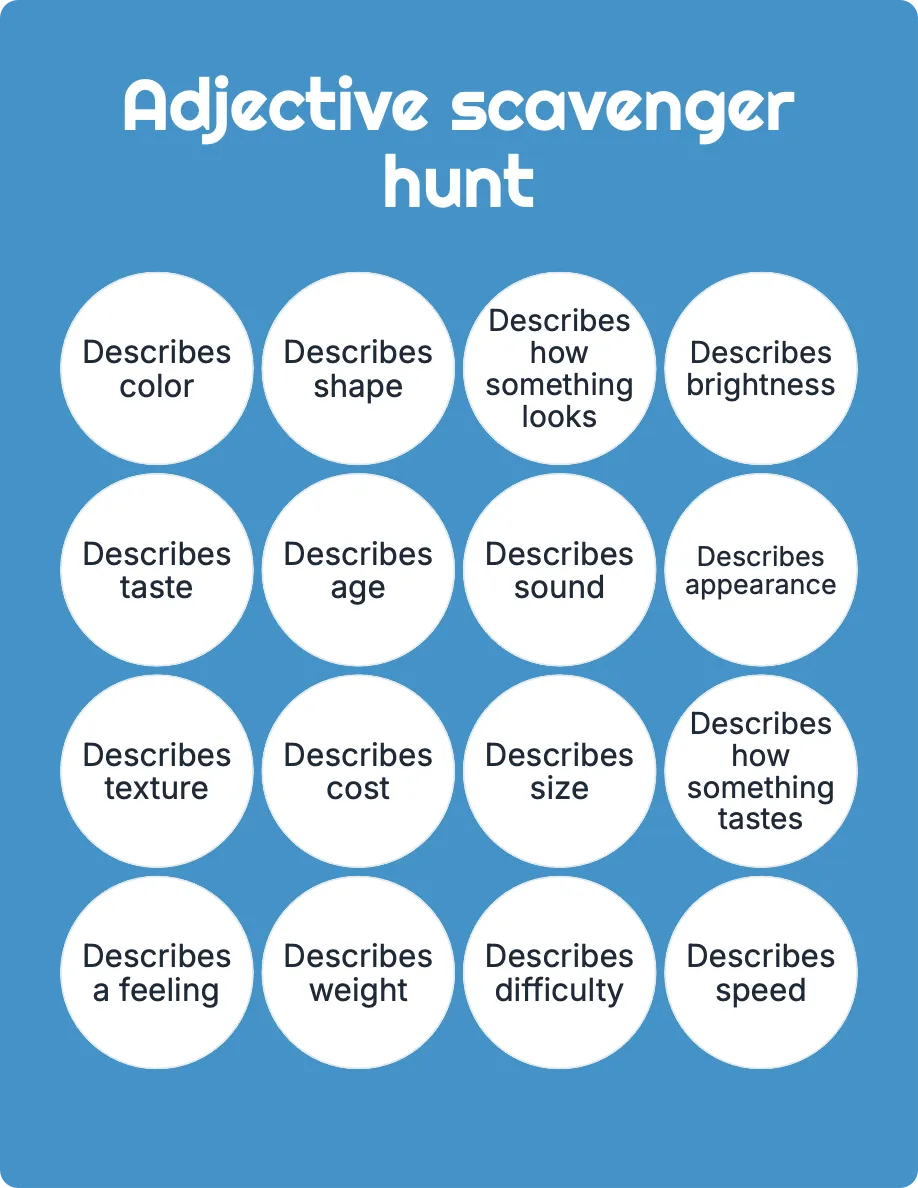 Adjective scavenger hunt bingo card template