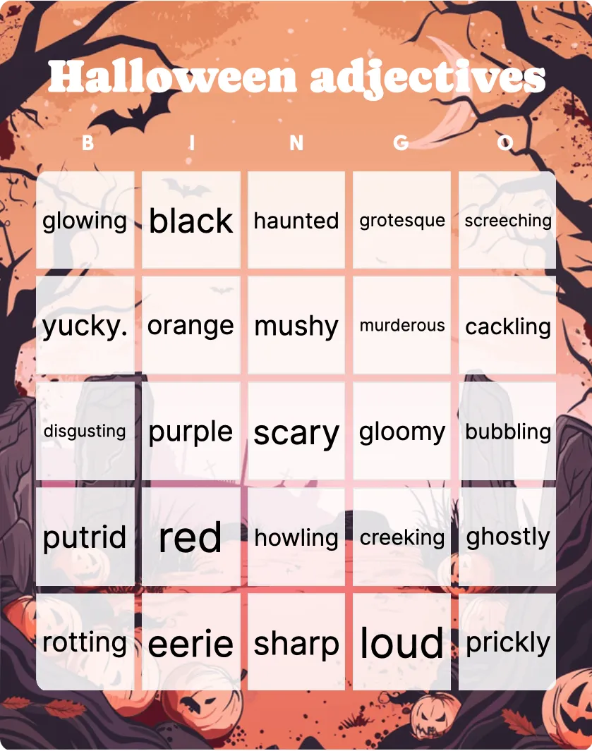 Halloween adjectives bingo