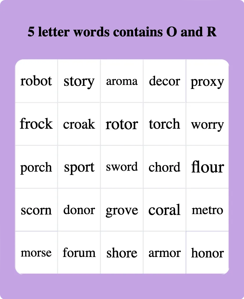 5 letter words contains O and R