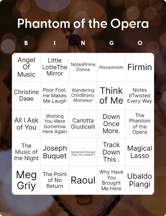 Phantom of the Opera bingo card template