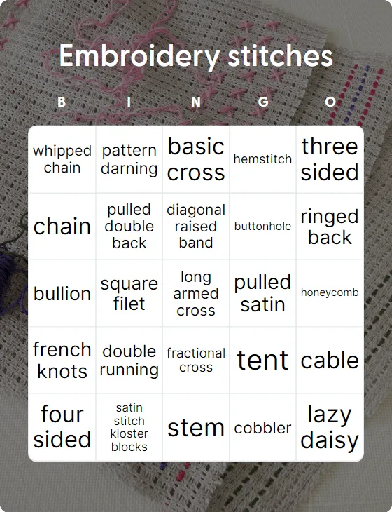 Embroidery stitches bingo