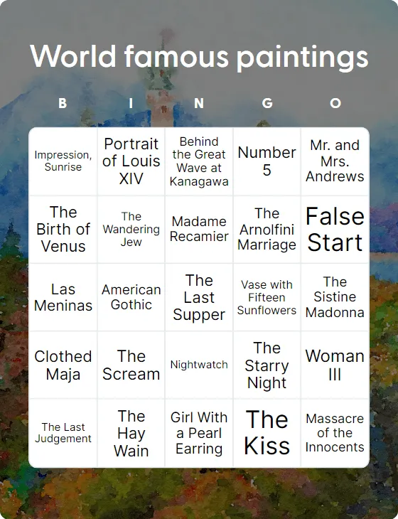 World famous paintings bingo