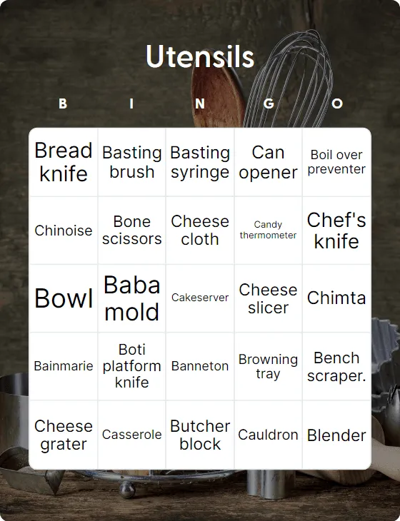 Utensils bingo card template