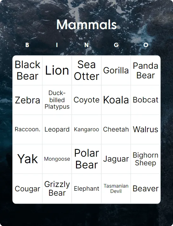 Mammals bingo