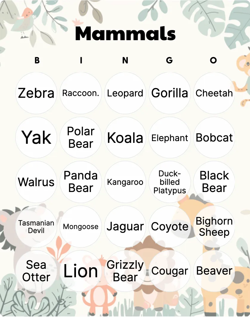 Mammals bingo card template