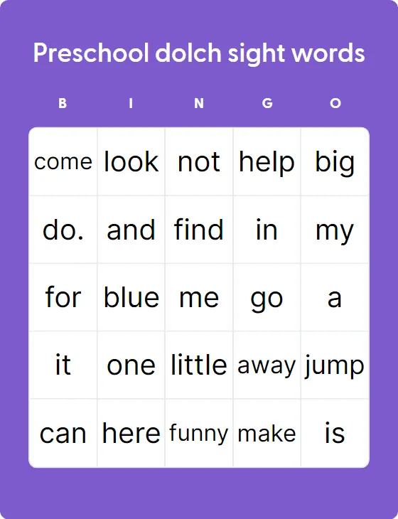 Preschool dolch sight words bingo