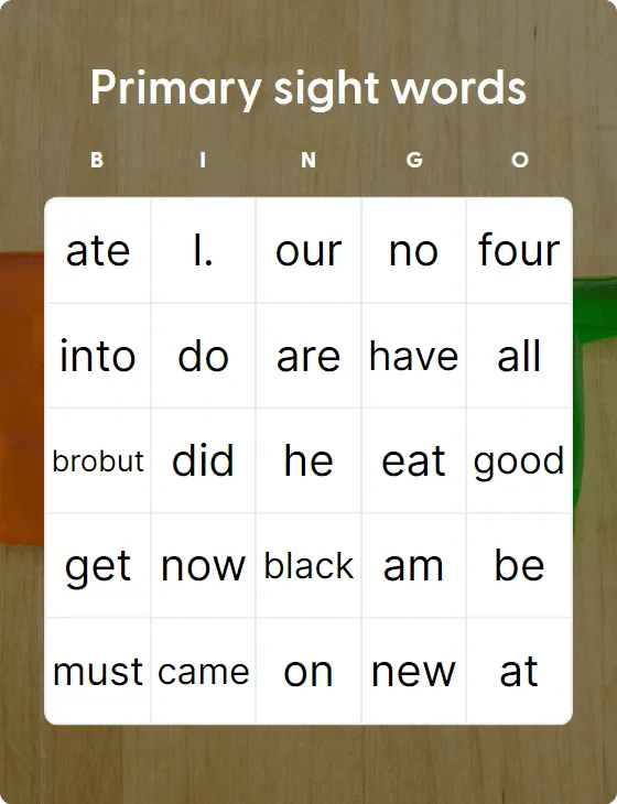 Primary sight words bingo