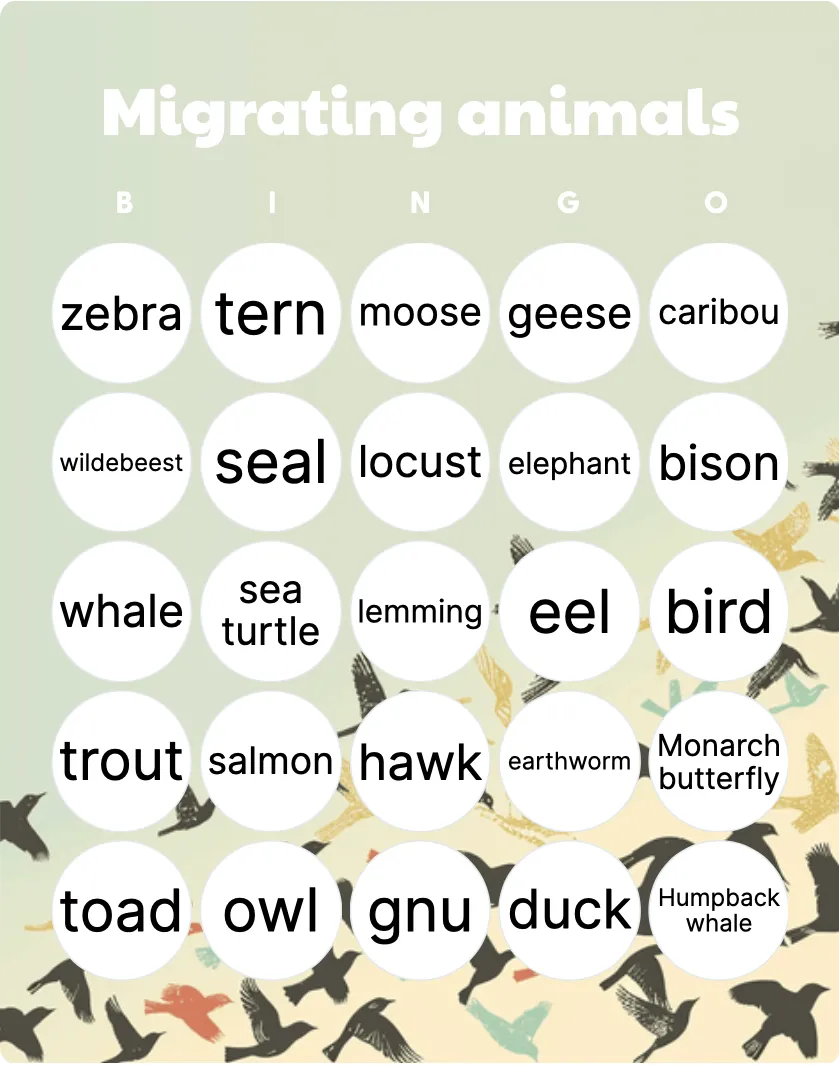 Migrating animals bingo card template