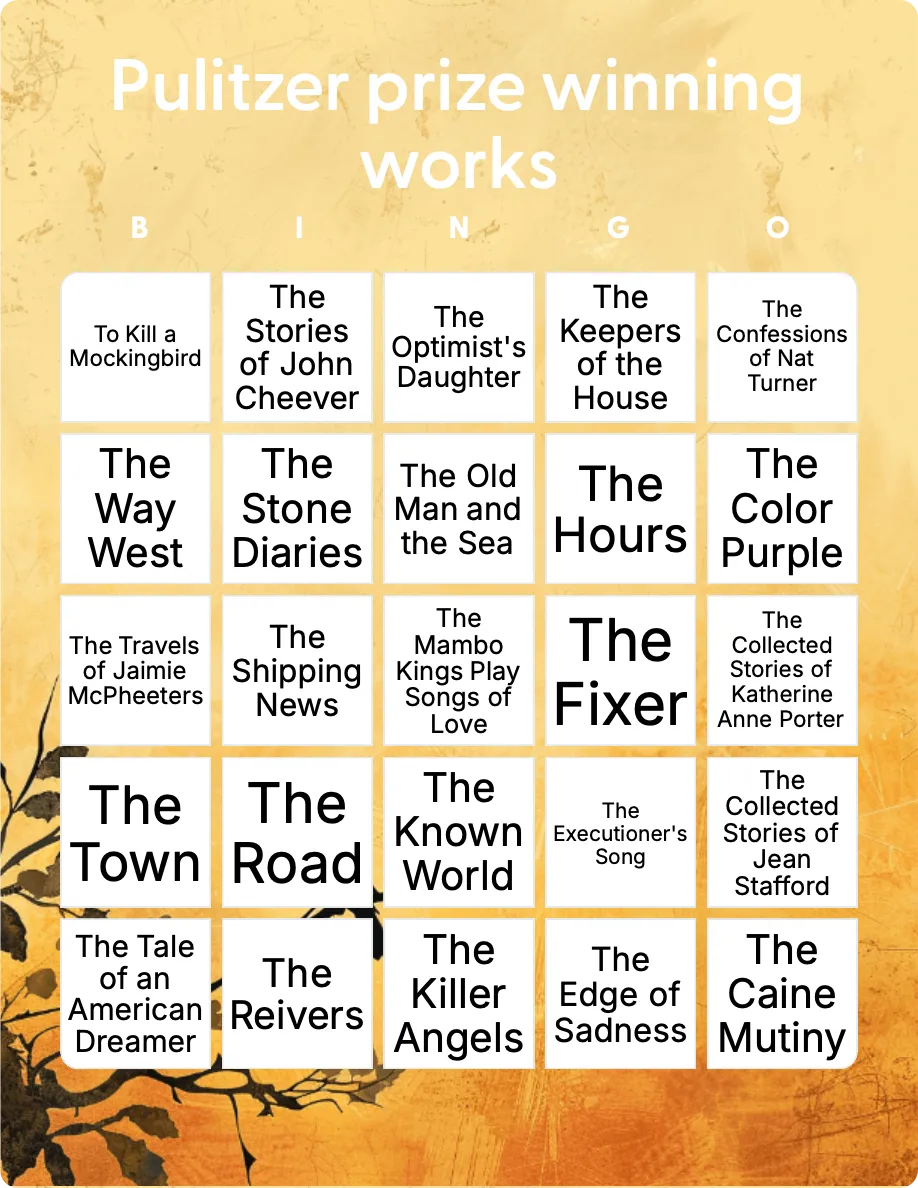 Pulitzer prize winning works bingo card template