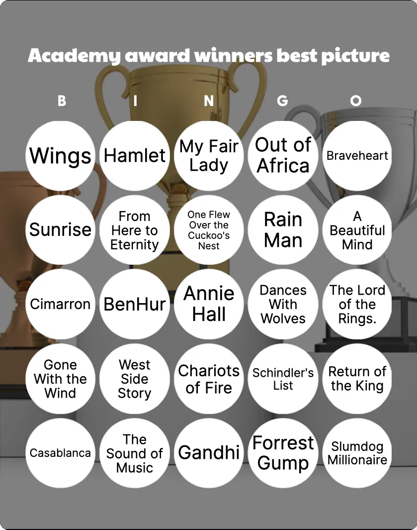 Academy award winners best picture bingo card template