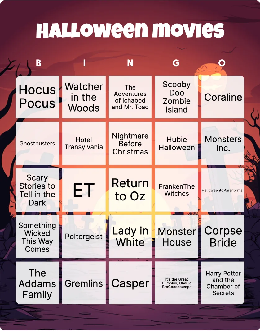 Halloween movies bingo