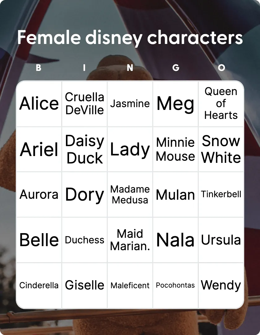 Female disney characters bingo