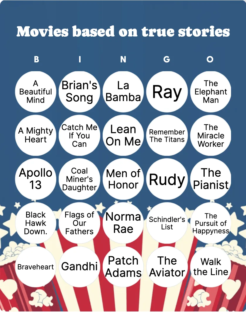 Movies based on true stories bingo