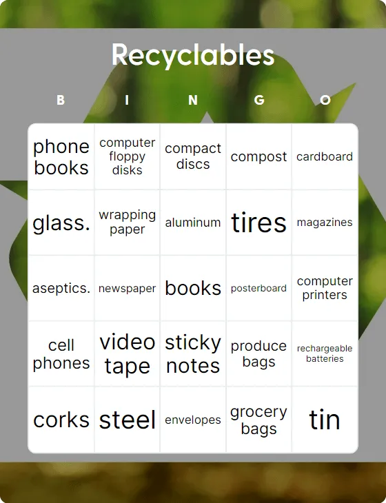 Recyclables bingo