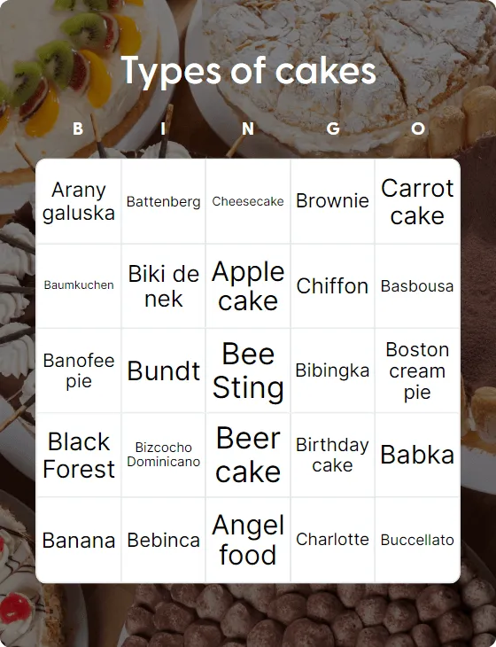 Types of cakes bingo
