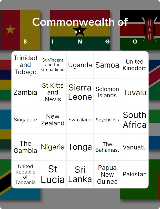Commonwealth of nations bingo
