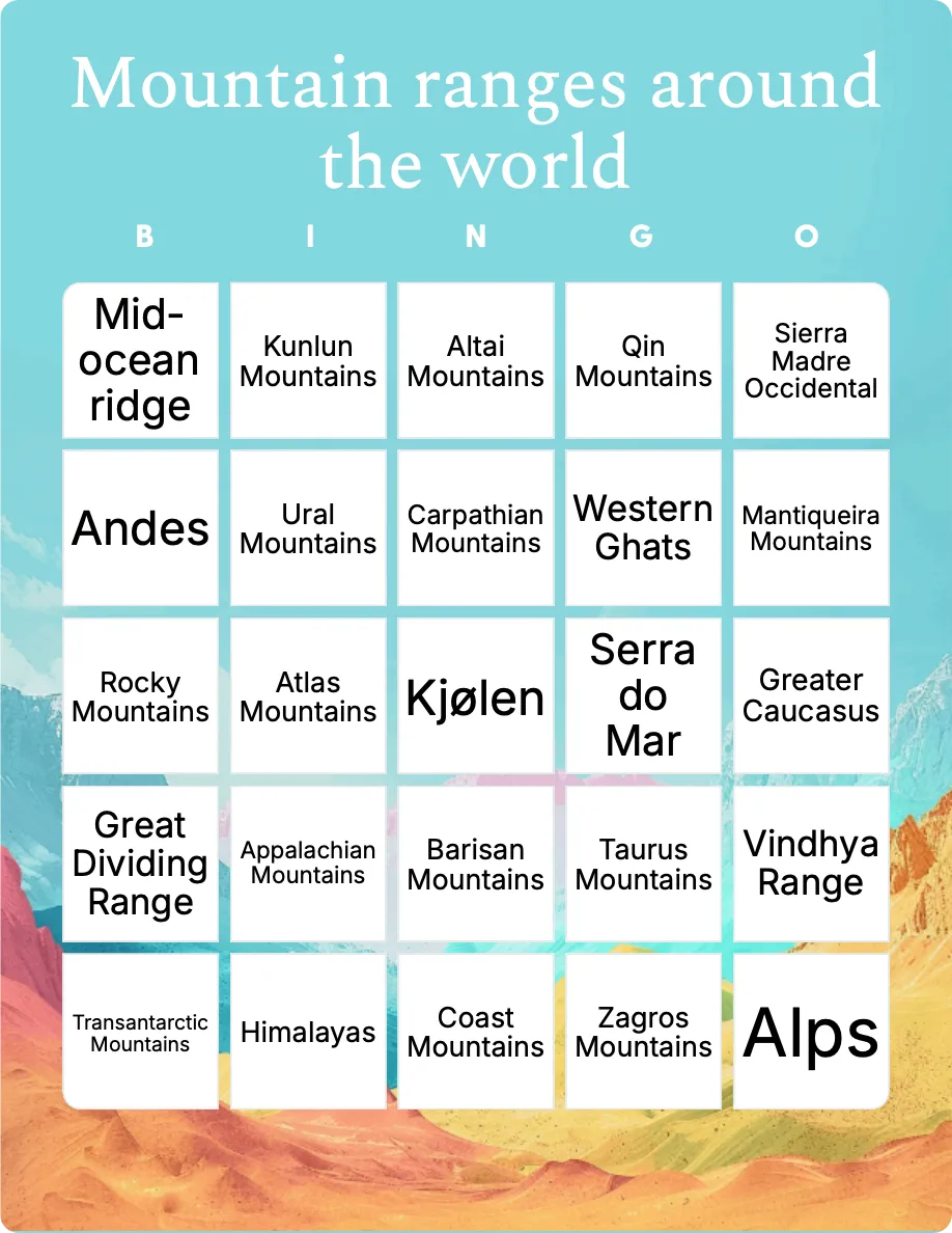 Mountain ranges around the world bingo card template