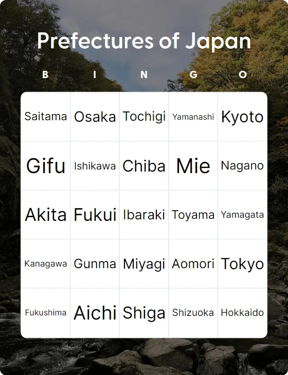 Prefectures of Japan bingo