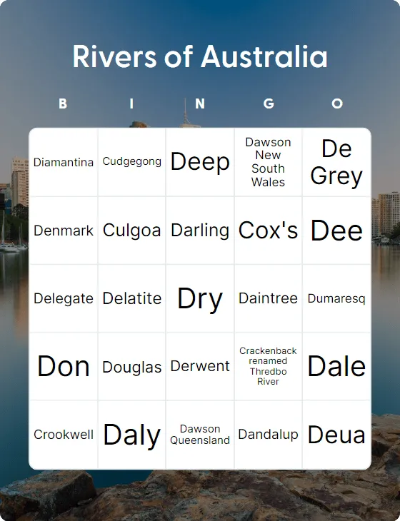 Rivers of Australia bingo card template Rivers of Australia bingo card template