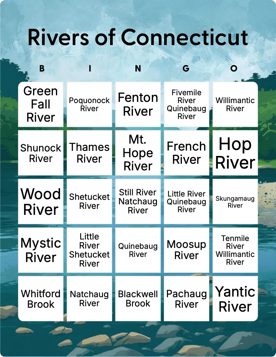 Rivers of Connecticut bingo card template