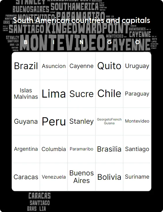 South American countries and capitals bingo