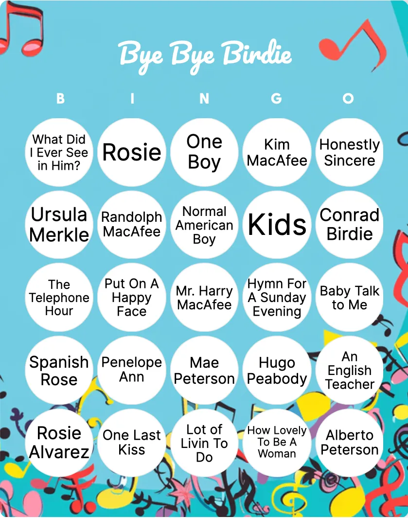 Bye Bye Birdie bingo card template