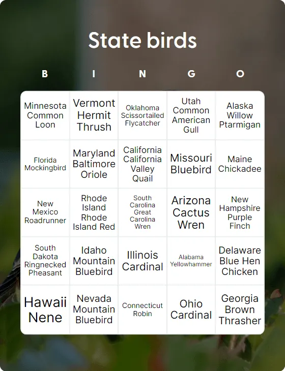 State birds bingo