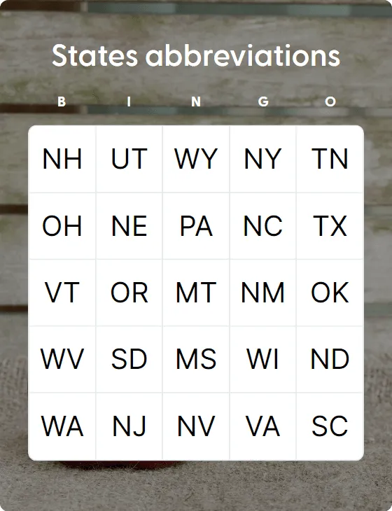 States abbreviations bingo