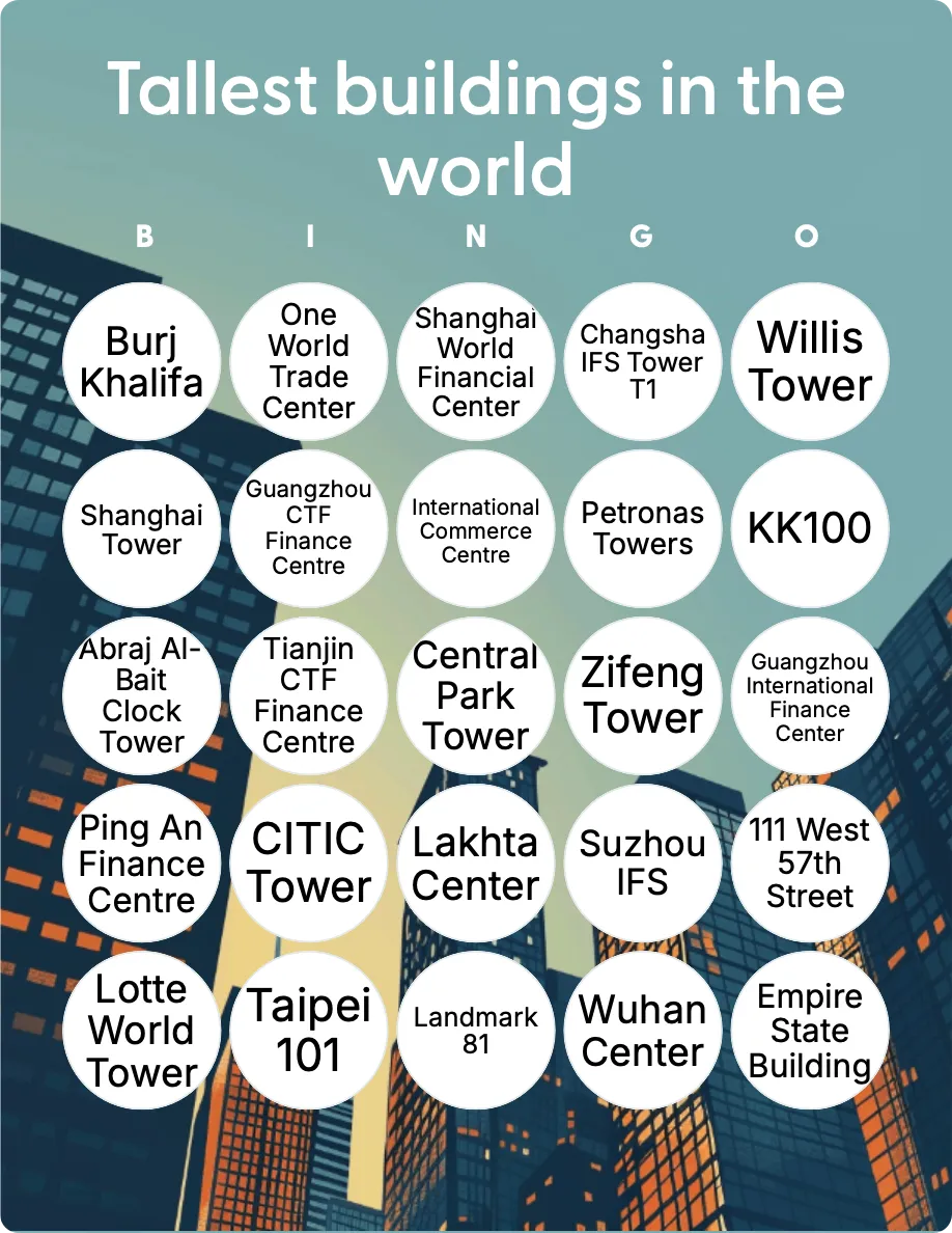 Tallest buildings in the world bingo card template