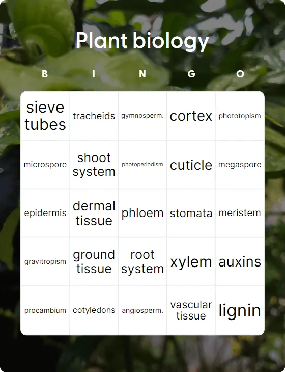 Plant biology bingo