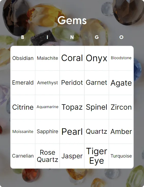 Gems bingo card template