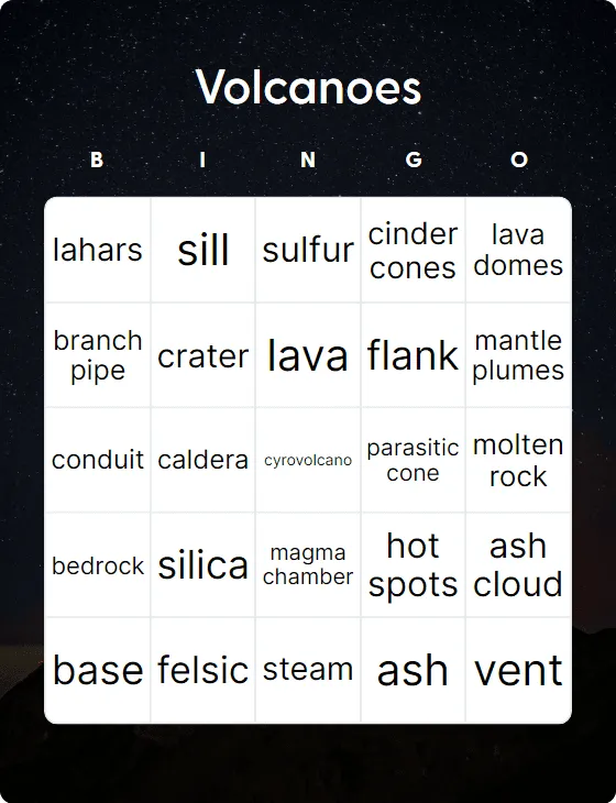 Volcanoes bingo