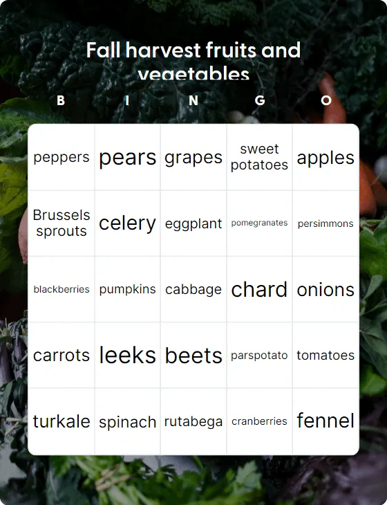 Fall harvest fruits and vegetables bingo