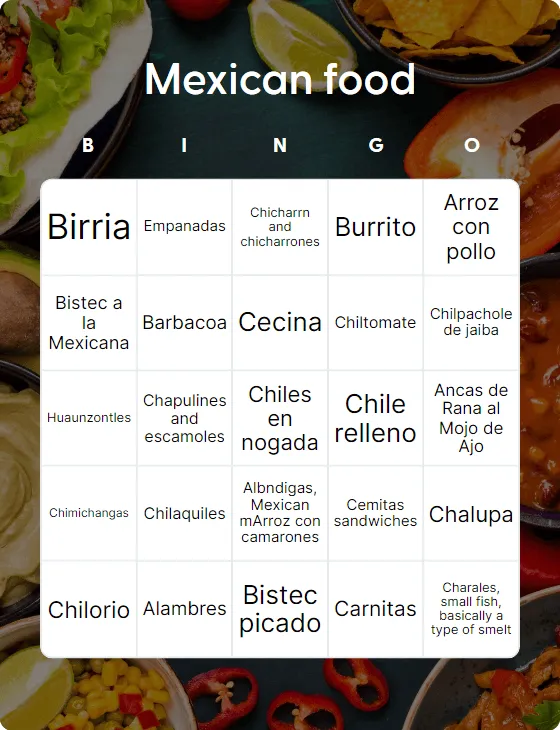 Mexican food bingo