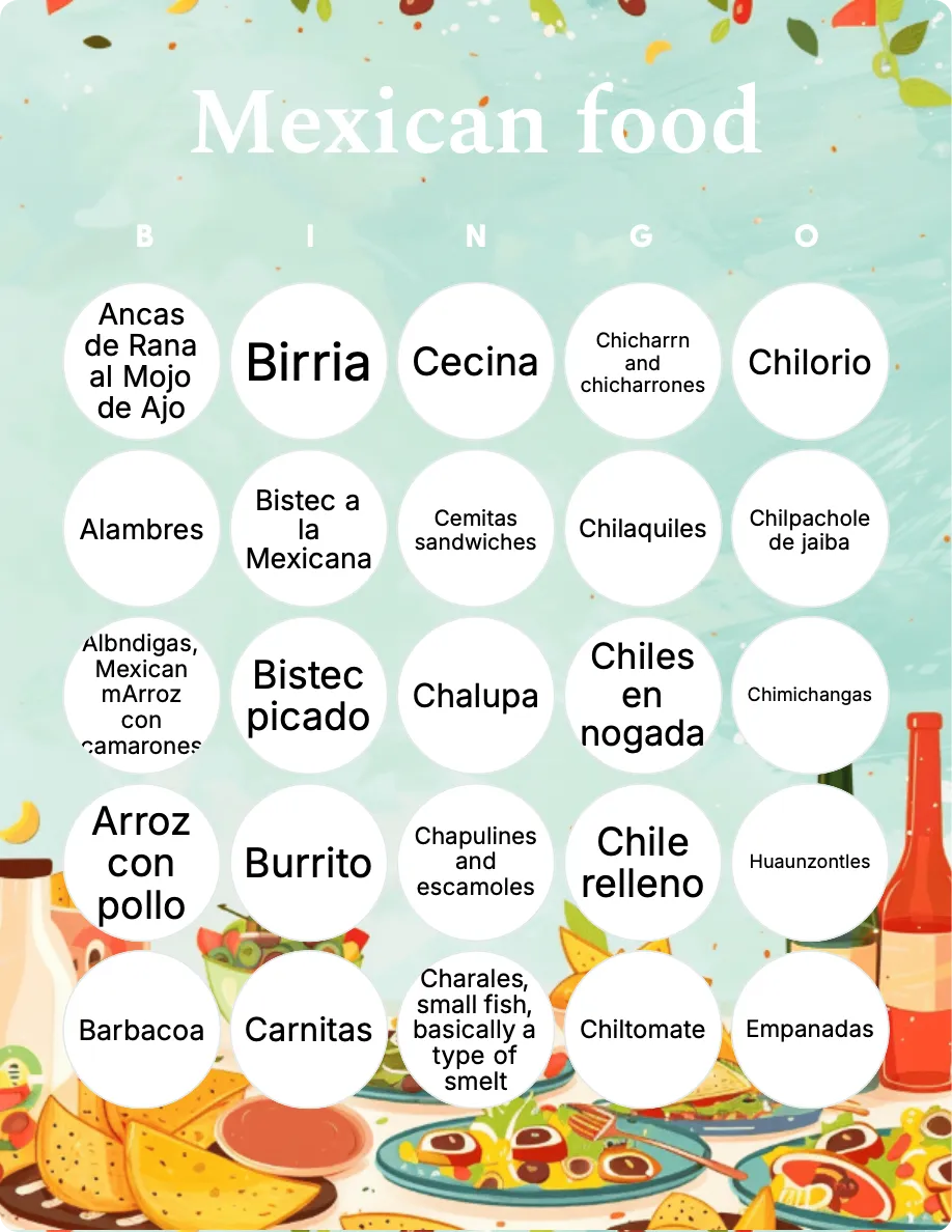 Mexican food bingo card template