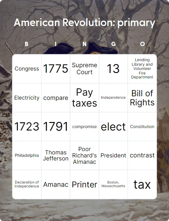 American Revolution: primary bingo card template