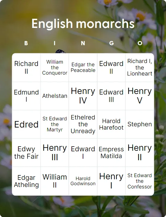 English monarchs bingo