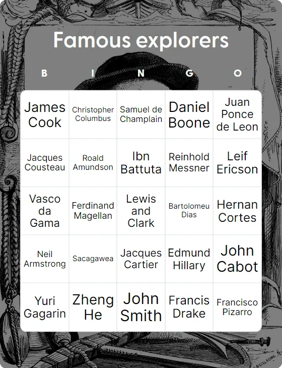 Famous explorers bingo card template