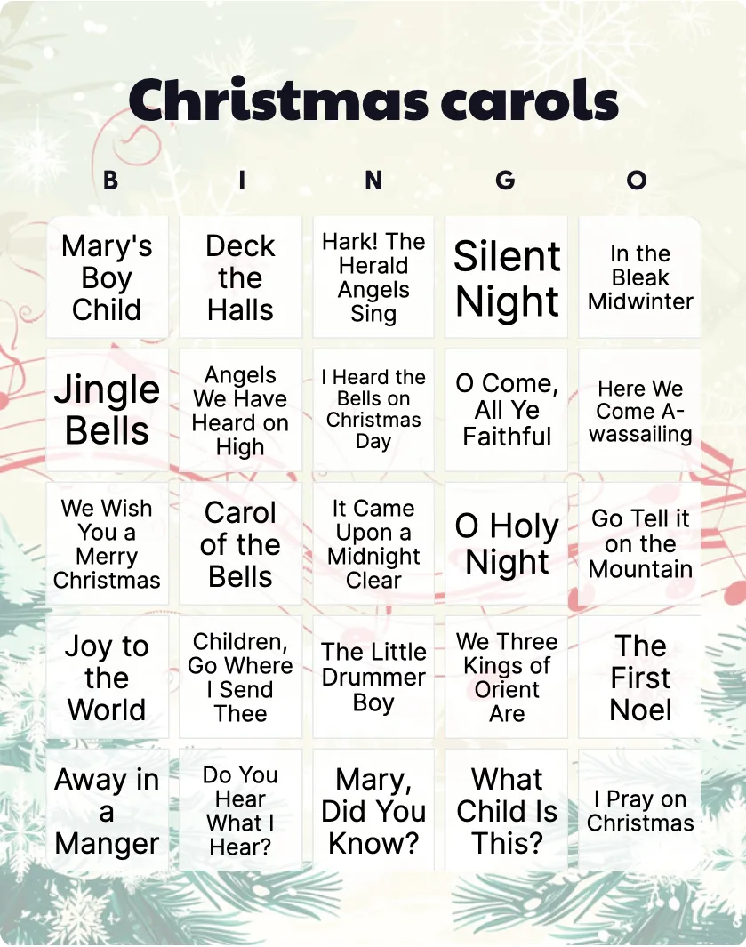 Christmas carols bingo card template