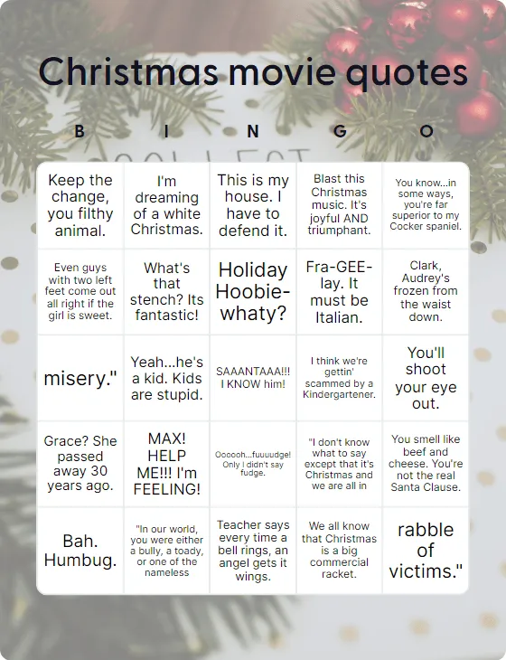 Christmas movie quotes bingo