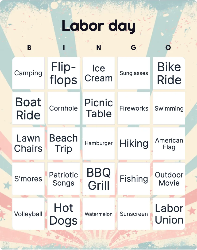 Labor day bingo card template