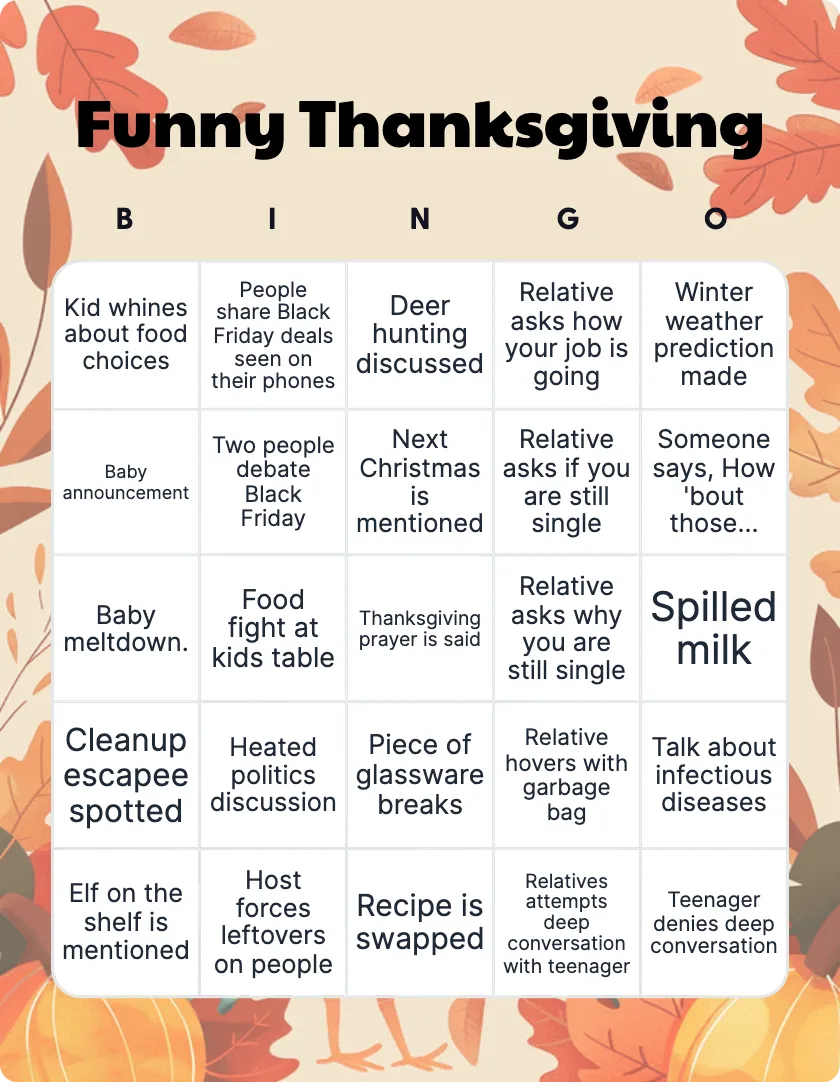 Funny Thanksgiving bingo