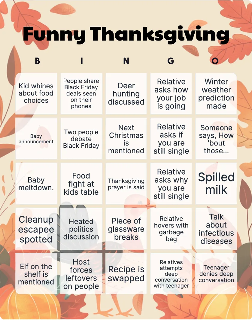 Funny Thanksgiving bingo card template