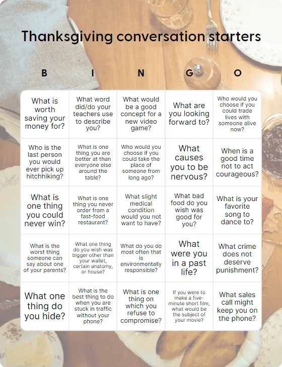 Thanksgiving conversation starters bingo