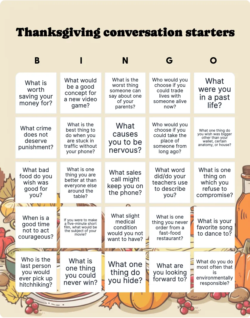 Thanksgiving conversation starters bingo