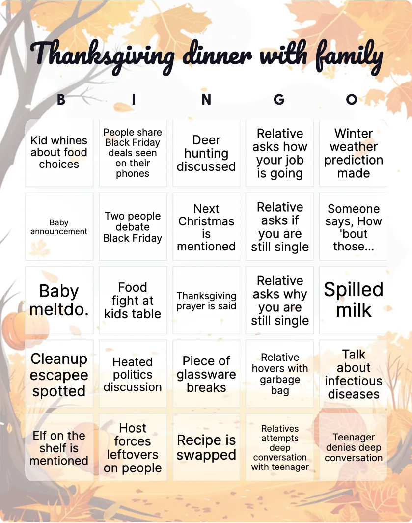 Thanksgiving dinner with family bingo card template